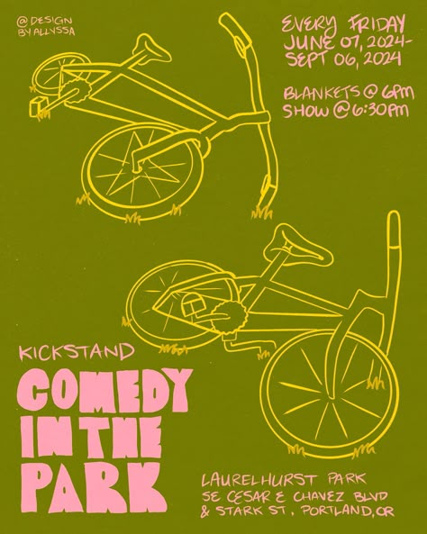 COMEDY IN THE PARK IYKYK, One of Portland’s best summer events is Comedy in the Park by @kickstandcomedy ✨ I love it so much I wanted to make a poster for it, out of a sketch I did while at one of the events 🤭 featuring all hand-drawn elements 🙂‍↕️ full process video coming soon Which color way is your favorite? - #posterdesign #posterdesigncommunity #type01 #womenoftype #designbywomen #portlandoregon #portlandevents #graphicdesign #tdkpeepshow #eyeondesign Poster With Illustration, Painting Event Poster, Food Insecurity Poster, Colorful Graphic Design Poster, Poster Design Colorful, Best Graphic Design Poster, Fun Event Poster, Poster Food Festival, Cool Event Posters