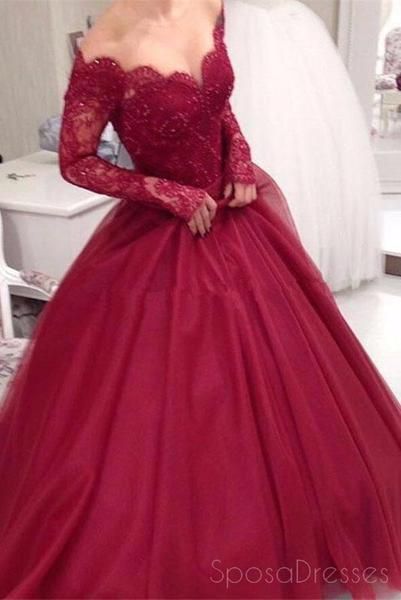 Long Sleeve Tulle Evening Dress, Tulle Prom Dress A Line, Burgundy Quinceanera Dresses, Grad Dresses Long, Off Shoulder Ball Gown, Cheap Prom Dresses Online, Quincenera Dresses, Long Sleeve Ball Gowns, Tulle Evening Dress