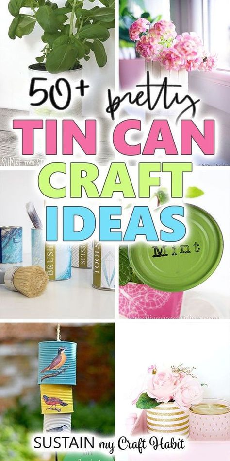 Wondering what items can be made out of tin cans? Explore over 50 tin cans recycling ideas to make for your home! These tin can craft ideas are a great way to use up those empty cans when you're bored. From planters, decor to organizing tools and more, you'll love all these projects that you can make with simple aluminum cans. https://sustainmycrafthabit.com/upcycled-tin-can-crafts/ Recycled Crafts Tin Cans, Tim Can Crafts Ideas, Diy Tin Can Projects, Can Craft Ideas, Upcycle Cans, Tin Can Decorations, Upcycle Bottles, Coffee Can Crafts, Recycled Cans