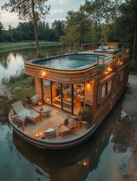 Pool On The Roof, Houseboat Interiors, Boathouse Design, Luxury Houseboats, Houseboat Living, House Boats, Dream Life House, Floating House, Boat House