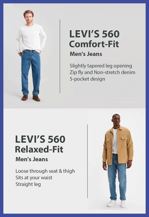 Levi's 560 vs 550 - Which jeans should you buy? This comparison article is about the Levi's 550 and Levi's 560 Men Jeans Loose, Levis 560, Levis 550 Jeans, Levis Pants, Sneaker Lovers, Levis 550, Loose Fit Jeans, Levi Jeans 501, Perfect Jeans