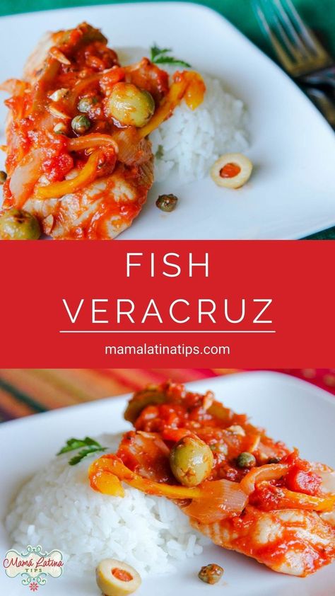 A college showing two photos with fish Veracruz with olives, capers and peppers next to white rice. Snapper Veracruz Recipe, Tilapia Veracruz Recipe, Book Club Dinner Ideas, Mexican Fish Recipes, Homemade Mexican Food, Salmon Fish Tacos, Mexican Fish, Steamed Fish Recipes, Recipes For Lent