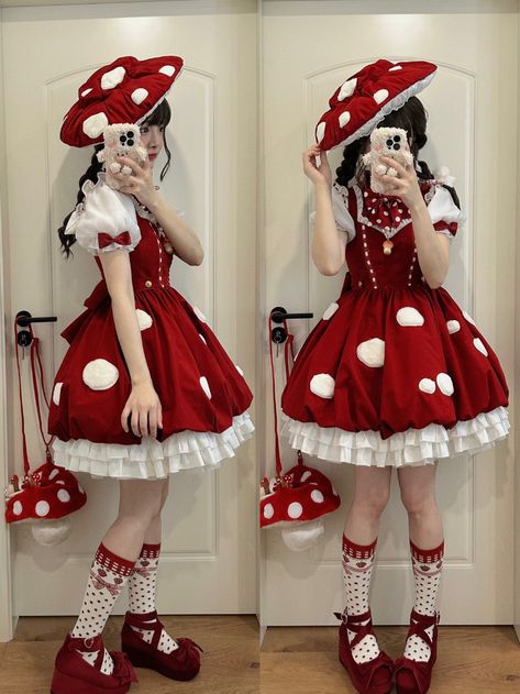 Red Cute Dress, Mushroom Outfits, Red Aesthetic Outfit, Mushroom Skirt, Mushroom Clothes, Mushroom Outfit, Mushroom Dress, Mushroom Style, Traditional Goth