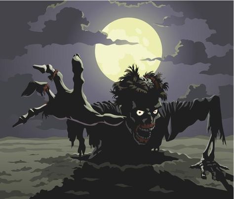 Zombie rising from the grave, reaching out, with a full moon. Zombie Reference, Zombie Artwork, Zombies Apocalypse Art, Crazy Images, Zombie Pin Up, Zombie Drawings, Zombie Cartoon, Zombies Run, Horror Collection