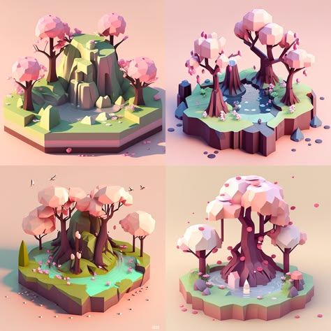 Low Poly Video Game Art, Low Poly Forest Environment, Blender Low Poly Environment, Low Poly Japanese, 3d Low Poly Environment, Low Poly Blender Ideas, Low Poly Game Assets, Low Poly Art 3d, Low Poly World