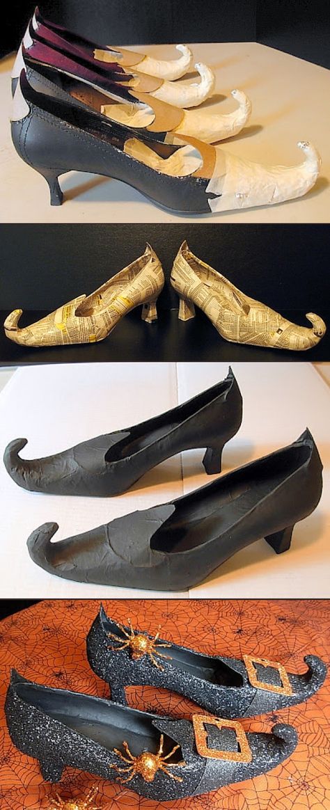 ☠ ℋalloween • How to make witch shoes from old worn out heels Holiday Party Crafts, Hantverk Diy, Witch Shoes, Diy Kostüm, Adornos Halloween, Halloween 2015, Fantasias Halloween, Theme Halloween, Halloween And Fall