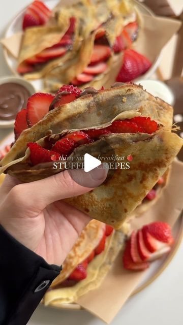 Hajar Larbah on Instagram: "the most delicious breakfast in under 30 minutes! Can you believe how easy it is to make crepes from scratch?! stuffed with lots of strawberries, chocolate hazelnut spread, freshly whipped cream, and powdered sugar always 🍓 full recipe on the blog as always - link in bio!

#breakfast #brunch #dessert #crepes #frenchfood #easyrecipe #recipe #cooking #food #foodie #foodblog #foodstagram #yummy #eeeeeats #instafood" Crepe Recipe Chocolate, Chocolate Filled Crepes Recipe, Crepes With Nutella, Strawberry Banana Nutella Crepes, Crepe Nutella Strawberry, Sweet Snacks Easy, Dessert Crepes, Brunch Dessert, Strawberries Chocolate