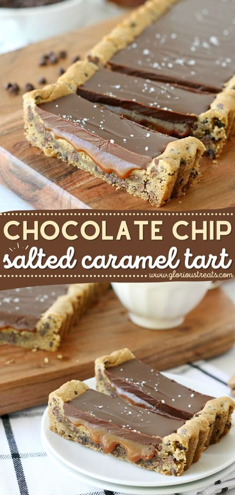 Chocolate Chip Salted Caramel Tart, chocolate dessert recipes, easy to make sweet treats Salted Caramel Chocolate Dessert, Fun Homemade Desserts, Chocolate Chip Tart, Fall Dessert Bar Recipes, Fun Desserts For A Party, Desserts With Chocolate And Caramel, Fall Desserts Caramel, Cookie Based Desserts, Fall Party Dessert Ideas