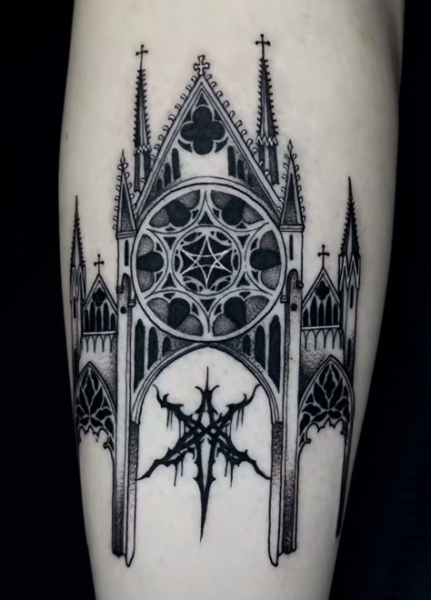 Cathedral Chest Tattoo, Bmth Tattoo, Full Sleeve Ideas, Snowman Tattoo, Cathedral Tattoo, Round Tattoo, Tattoo Trash, Mystical Tattoos, Cute Tats