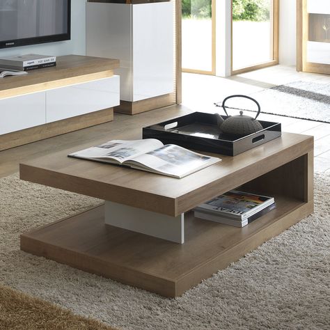 Fantastic geometric Designer Coffee Table with storage shelf. Concealed set of wheels make this easy to move. Finish: Riviera Oak/White High Gloss Livingroom Table, Centre Table Design, Designer Coffee Table, Centre Table Living Room, Central Table, Center Table Living Room, Shoe Cupboard, Designer Coffee, Center Tables