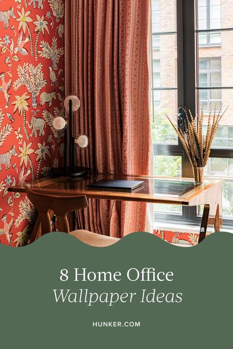 Infusing a fresh dose of personality into a home office can be as simple as installing wallpaper. To help you get going, we've compiled a shortlist of our favorite home office wallpaper design ideas to date. Take a look! #hunkerhome #homeofficeideas #wallpaperideas #homeofficedecor #homeofficewallpaperideas #homeoffice Best Office Wallpaper, Fun Home Office Wallpaper, Colorful Office Wallpaper, Offices With Wallpaper, Office Wallpaper Accent Wall Home Office, Funky Office Wallpaper, Wallpaper In Office Room, Wallpaper Accent Wall Home Office, Office Ideas With Wallpaper