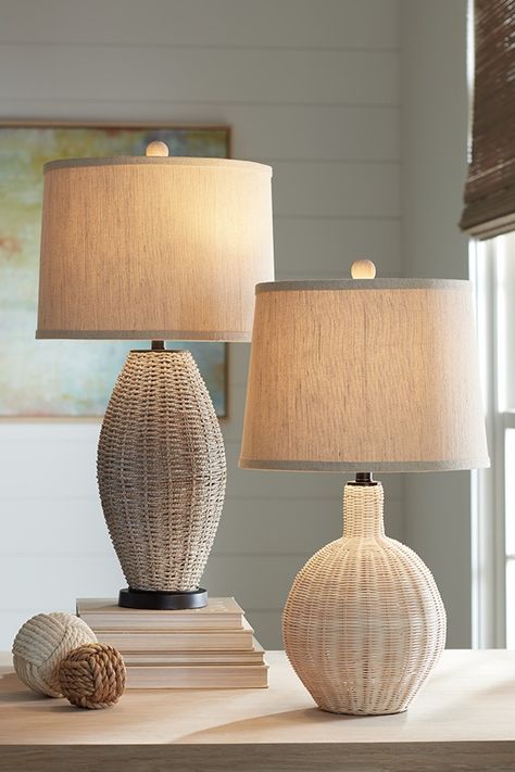 Seagrass Table Lamp, Modern Coastal Decor Table Lamps, Table Lamp Shades Ideas, Wicker Lamp Shade Rattan, Beach Lamps Coastal Style, Coastal Bedside Table Lamps, Coastal Bedroom Lamps, Rattan Lampshade Bedroom, Coastal Bedside Lamps