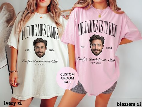 Future Mrs, He's Taken, Custom Groom Face, Bachelorette Funny Group Matching Comfort Colors Tee, Bach Social Club, Trendy Bride Engaged Gift by ItsAnAestheticCo on Etsy Bach Party Shirts, Custom Bachelorette Shirts, Group Matching, Custom Bachelorette, Bachelorette Shirt, Trendy Bride, Future Mrs, Bach Party, Bachelorette Shirts