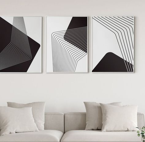 Abstract 3 Piece Wall Art Art Hallway, Monochrome Living Room, Home Wall Colour, Black Line Art, Line Art Minimalist, Hallway Art, Abstract Shower Curtain, White Wall Decor, Black And White Artwork