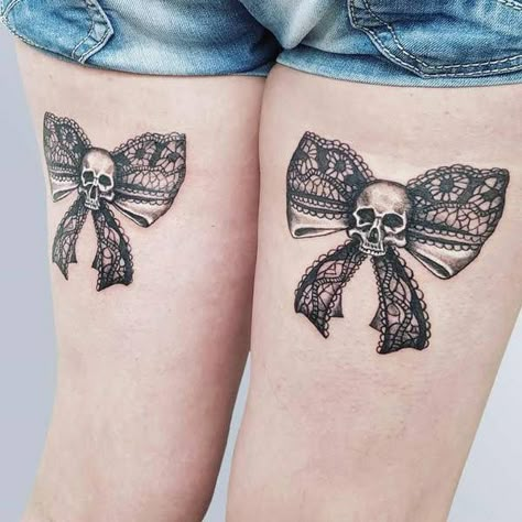 Bow Tattoo Thigh, Lace Thigh Tattoos, Lace Bow Tattoos, Thigh Garter Tattoo, Back Of Thigh Tattoo, Decorative Symbols, Bow Tattoos, Bow Tattoo Designs, Cute Thigh Tattoos