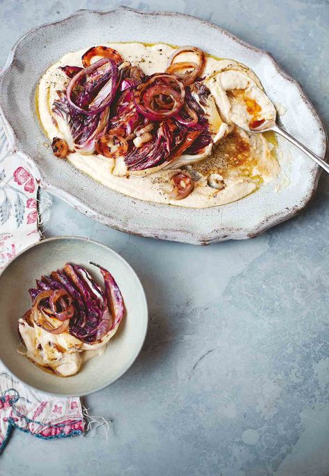 This white bean puree, radicchio, and red onions is a healthy, satisfying side, that is so much more than the sum of it's parts. Roasted Radicchio, Diana Henry, Bean Mash, White Bean Puree, Bean Puree, Veg Stock, Caramelised Onion, Veggie Broth, Cauliflower Puree