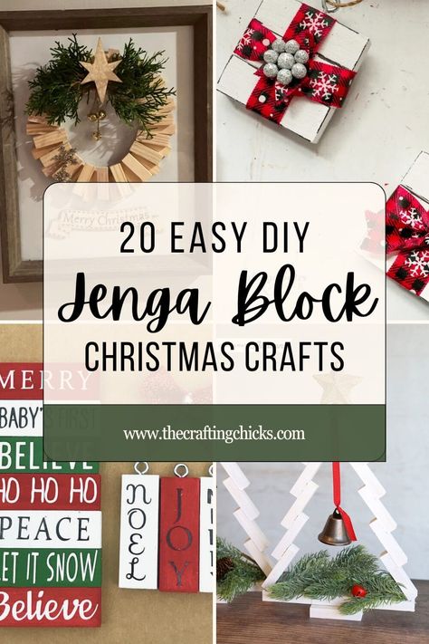 Jenga Block Christmas Crafts Jenga Blocks Snowman, Diy Craft Show Ideas To Sell, Crafts With Jenna Blocks, Christmas Card Holder Display Diy, Craft Ideas Using Jenga Blocks, Handmade Holiday Decor, Repurpose Jenga Blocks, Jenga Christmas Tree Diy, Things To Do With Jenga Blocks