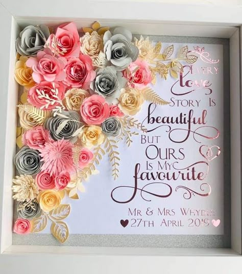 Mothers Day Shadow Box Ideas Cricut, Flower Shadow Box Ideas, Wall Hanging Paper Craft, Hanging Paper Craft, Cricut Flower, Diy Paper Wall Hanging, Shadow Box Gifts, Wedding Shadow Box, Hanging Craft Ideas