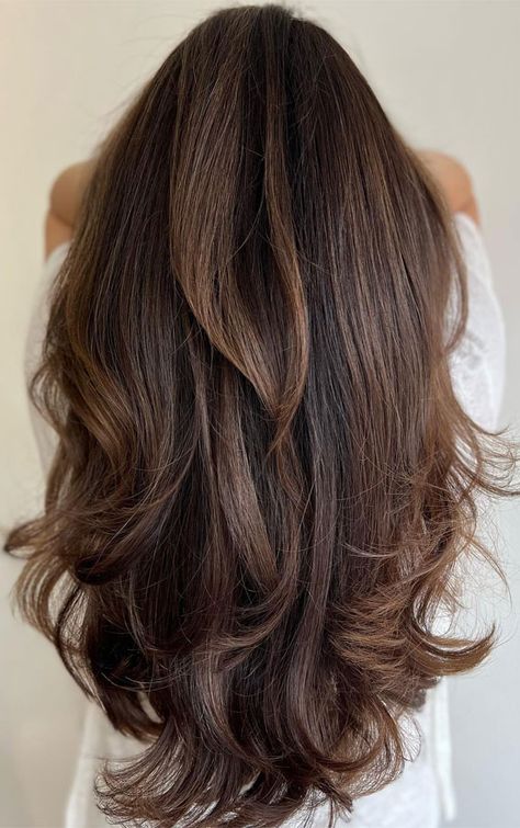 70 Hottest Brown Hair Colour Shades For Stunning Look : Dark Hair with Dark Caramel highlights Dark Toffee Hair Color, Truffle Brown Balayage, Dark Brown 90s Hair, Dark Brown Hair 90s Layers, Chocolate Brown Hair 90s Layers, Brunette Long Layers, Bayalage Blonde, Brown Hair Color Shades, Brown Hair Inspiration