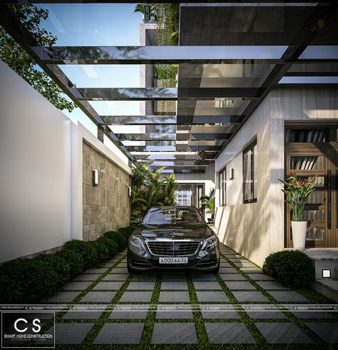 Carpark Design House, Car Porch Garden Ideas, Car Park With Garden, Modern Car Porch Design, Modern House Porch Design, Tile Front Porch Entrance Modern, Parking Front Of House, Garage Architecture Design, Villa Car Parking Design