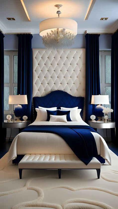 Classy Blue Bedroom, Royal Blue And White Bedroom Ideas, White Blue And Gold Bedroom, Royal Blue And White Bedroom, Royal Blue Room Ideas Bedroom, Royal Blue And Gold Bedroom, Royal Blue Bedrooms, Fall Bedroom Ideas, Beautiful Bedroom Decor