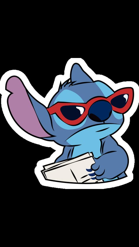 What do you think - what is this blue little koala-like alien doing in our fanart Stitch in Sunglasses Sticker? Look closely, and you can notice a newspaper and sunglasses - Stitch is a spy! We don't... Stitch White Background, Stitch With Sunglasses, Stitch With Glasses, Drawing Ideas Stitch, Stitch Sunglasses, Stitch Disney Cute, Blue Cartoon Characters, Stitch Fanart, Blue Disney Characters