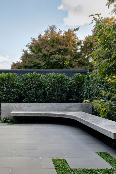 Looking for backyard landscaping designs and backyard ideas to freshen up your space. This beautiful design reflects outdoor entertaining with a modern twist. Floating Bench, Modern Bench Outdoor, Fire Pit Seating Area, Living By Design, Concrete Bench, Outdoor Patio Designs, Landscape Construction, Front Landscaping, Concrete Steps