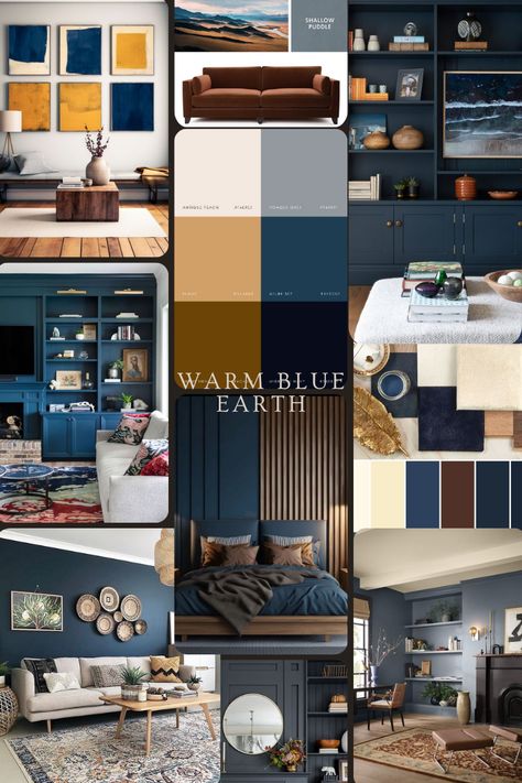 Combine warm blues with earthy tones to create a comfortably stylish interior. Living Room Blue Palette, Paint Inspiration Living Room, Blue And Brown Decorating Ideas, Brown Black Blue Living Room, Blue House Interior Colour Schemes, Blue And Earth Tones Living Room, Color Palette With Green And Blue, Earth Tones With Blue, Moody Living Room Blue