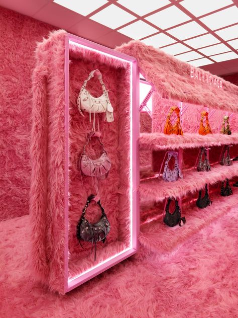 Balenciaga Store, Wrap London, Store Interiors, Boutique Interior, Pink Faux Fur, Store Design Interior, Pop Up Stores, Pop Up Store, Shop Interior