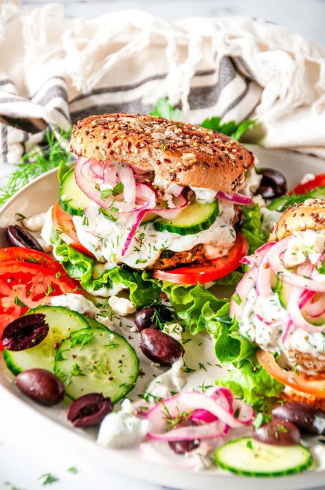 Spinach Feta Turkey Burgers, Mediterranean Burger, Dill Yogurt Sauce, Greek Turkey Burgers, Weeknight Recipes, Burger Night, Spinach Feta, Lemon Dill, Yummy Pasta Recipes