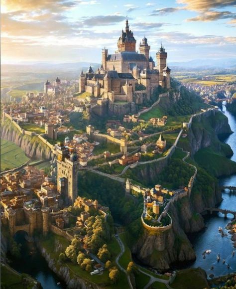 Kingdom Landscape Art, Fantasy Kingdom Landscape, Fantasy Castle Concept Art, Kingdom Fantasy Castles, Fantasy Kingdom Cities, Kingdom Concept Art, Fantasy Castles, Kingdom City, Fantasy Cities