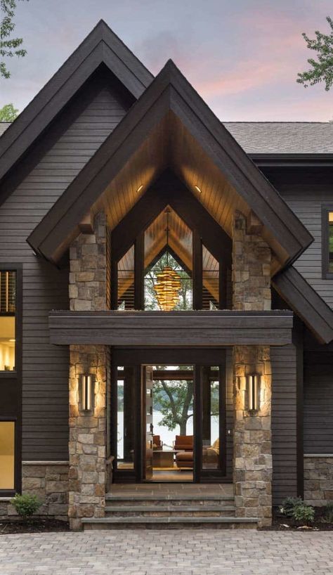 Dark Exterior Inspiration - Taryn Whiteaker Designs Rustic House Exterior, Dark Homes, Contemporary Lake House, Gray House, Modern Lake House, Stone Exterior, Colors Combinations, Exterior Inspiration, Contemporary House Exterior