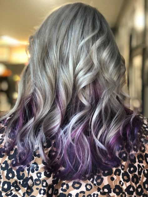 Gray Hair With Black Underneath, Grey Hair With Colored Tips, Salt And Pepper Hair With Purple, Purple Highlights On Grey Hair, Purple Dip Dye Hair Blonde, Best Color To Cover Grey Hair For Brunettes, Violet Highlights On Dark Hair, Gray Hair With Purple Highlights, Gray And Purple Hair