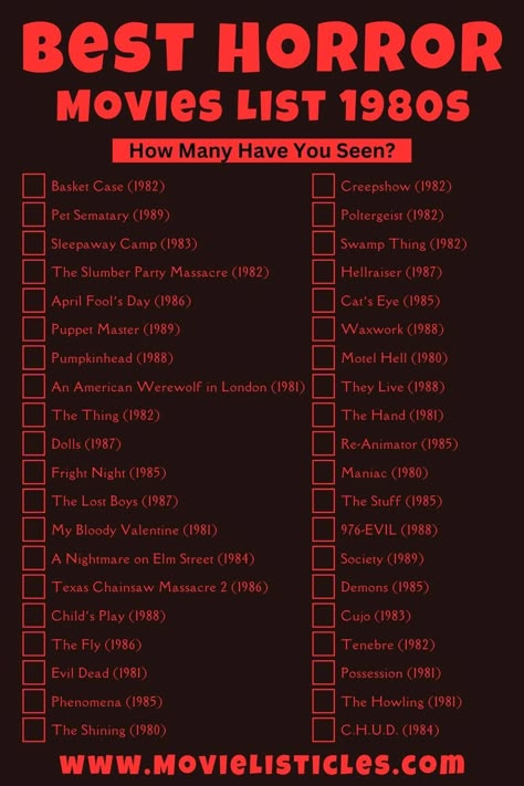 Best 1980s Horror Movies List - Movie Challenge - Free movie list printable Horror Movie Classics, Horror Movies Classic, Old School Horror Movies, List Of Horror Movies, Classic Horror Movies List, Obscure Horror Movies, How To Survive A Horror Movie, Cult Classic Movies List, Horror Films To Watch