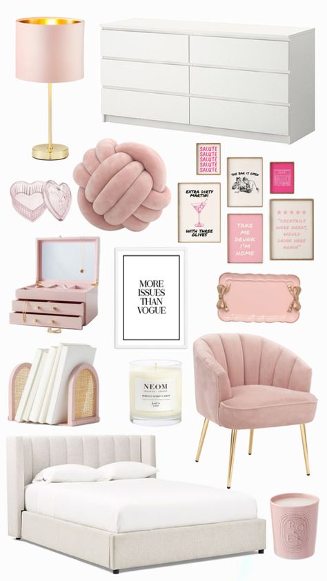 Dream Room Furniture, Room Idea Pink And White, Classy Bedroom Decor Ideas, Aesthetic Bedroom Pink And White, Pink Gold And White Bedroom Ideas, Pink And White Preppy Room, White And Pink Bedroom Decor, Light Pink Room Inspo Aesthetic, Pink And White Dorm Room Decor