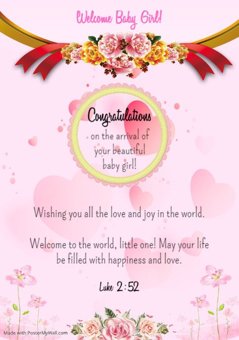 Editable Congratulations on Baby Girl Arrival Card New Baby Girl Wishes, Congratulations On Your Baby Girl, How To Congratulate Someone, Congratulations On Baby, Baby Girl Arrival, Congratulations Baby Girl, New Born Baby Card, Newborn Congratulations