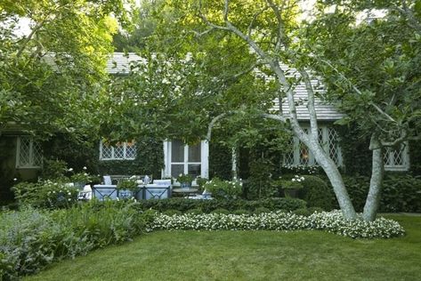 Laura and Harry Slatkin's Sumptious Hamptons Cottage - The Glam Pad Howard Slatkin, Hampton Garden, Hamptons Cottage, Landscaping Around House, Mark D Sikes, Cedar Homes, Exterior Front Doors, Backyard Porch, House Color