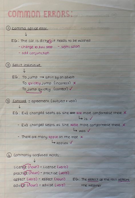 concord error, commonly confused words, split infinitive, comma splice error #english #aestheticnotes #studynotes #easystudying #highschool #englishlanguage Grade 11 English Notes, College English Notes, Sat English Notes, Ged Notes, English Notes Ideas, English Notes Aesthetic, Ela Notes, Comma Splice, Highschool English