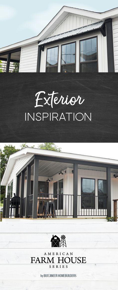 Black framed windows, galvanized tin wainscotting and black column posts add the perfect amount of depth and contrast to the exterior of our Lulamae home. See the wraparound front porch and all the extra details inside The Lulamae at BuccaneerFarmhouse.com   #farmhousehappy #farmhouseexterior #farmhousedecor #farmhouseliving #farmhousestyle #farmhousecharm #modernfarmhouse #lulamae #lulamaefarmhouse #lulamaehome #americanfarmhouseseries #buccaneerhomes #fixerupperstyle #fixerupperinspired #f Mobile Home Remodel Exterior, Farmhouse Mobile Home, Home Remodeling Exterior, Exterior Columns, Exterior Farmhouse, Mobile Home Exteriors, Renovation Exterior, Mobile Home Makeover, Manufactured Home Remodel