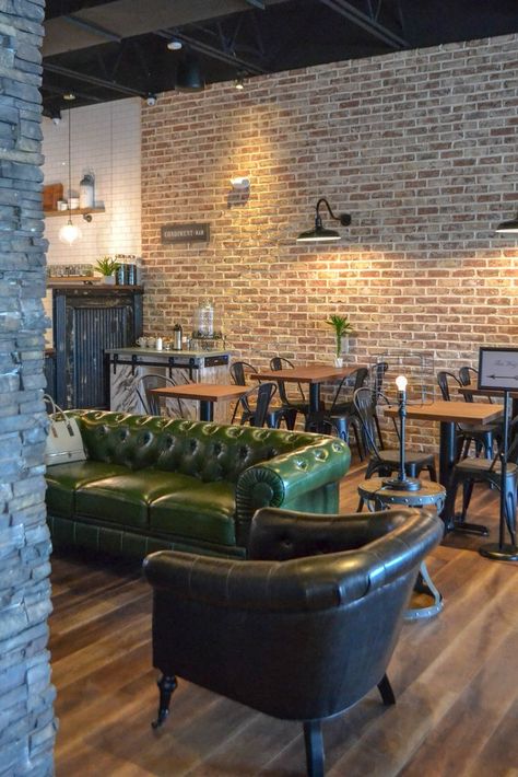 Coffee shop design ideas: gooseneck lighting, wood tables, leather couch, fireplace #coffeeshop #restaurantdesign #cafedesign Café Design, Coffee Shop Interior Design, Cozy Coffee Shop, Design Café, Industrial Coffee, Coffee Shop Aesthetic, Coffee Shops Interior, Modern Restaurant, Local Coffee Shop