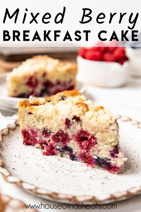 This ultra tender and moist Mixed Berry Breakfast Cake is bursting with sweet-tart raspberries, blueberries, and blackberries in a buttery cake topped with plenty of crumble topping. It's an easy berry coffee cake that can be enjoyed in the morning with a glass of milk or as an afternoon treat! #cake #breakfast #berries #coffeecake Mixed Berry Coffee Cake, Berry Breakfast Cake, Mixed Berry Breakfast, Cake Made With Yogurt, Berry Coffee Cake, Breakfast Cake Recipes, Breakfast Coffee Cake, Streusel Cake, Real Food Dietitians