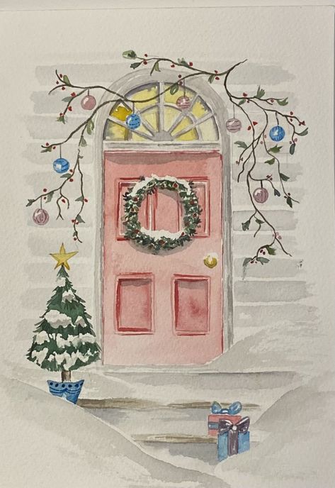 Xmas Sketches, Christmas Watercolours, Watercolour Houses, Christmas Art Prints, Door Drawing, Pink Door, Christmas Painting, Christmas Card Art, Watercolor Christmas Cards