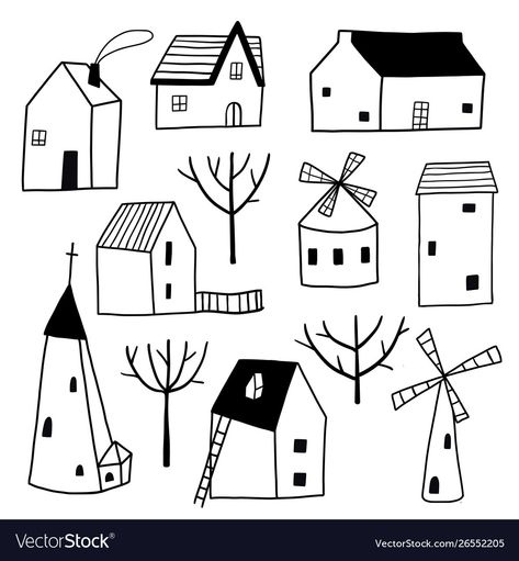 Landscape Line Art, House Doodle, Art Buildings, Town Houses, Doodle Tattoo, Building Drawing, Line Art Vector, Drawing Activities, House Illustration