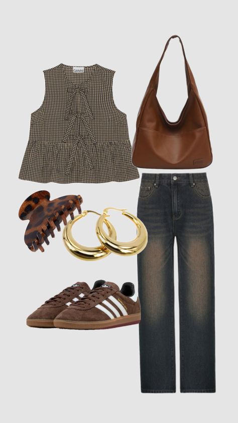 #ootd #brown #brownoutfitinspo #jeansoutfit #outfitideas Brown Samba Outfits Women, Summer Brown Denim Jeans, Trendy Brown Summer Jeans, Summer Vacation Brown Crop Top, Summer Brown Hoop Jewelry, Muslim Outfits Casual, Muslim Outfits, Brooklyn Baby, Swaggy Outfits