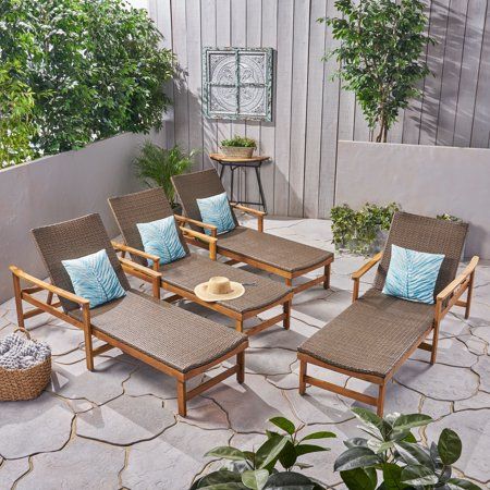 Camdyn Outdoor Acacia Wood and Wicker Chaise Lounges, Set of 4, Natural Stained, Gray, Yellow Wood Chaise Lounge, Wicker Chaise Lounge, Outdoor Deck Furniture, Relaxing Outdoors, Best Outdoor Furniture, Patio Style, Chaise Lounges, Pool Furniture, Deck Furniture