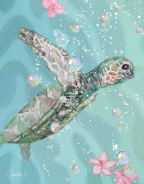 Coastal Wall Prints, Beach Art Drawing, Ocean Aesthetic Mermaid, Marine Life Aesthetic, Turtle Abstract, Blue Green Bathroom, Turtle Aesthetic, Sea Animal Art, Ocean Themed Art