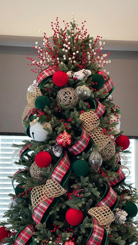 Adding ribbon to a tree is the most commonly asked question. There are so many ways to use ribbon on a tree and this is one that I use… | Instagram Plaid And Wood Christmas Tree, Res And Green Christmas Tree Ideas, Christmas Tree Themes Colors Red Decorating Ideas, Wired Ribbon Christmas Tree, Reindeer Tree Theme, Large Ribbon On Christmas Tree, Red And Green Rustic Christmas Tree, Christmas Tree Decor Red And Green, Red And Green Velvet Christmas Tree