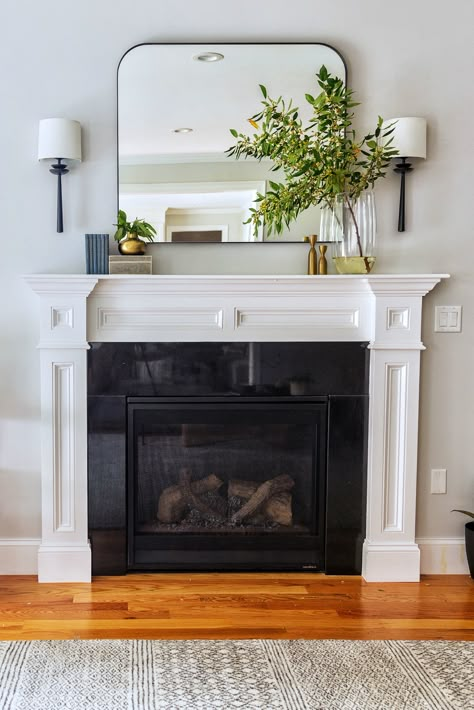 Short Fireplace Mantle Decor, Rectangle Mirror Mantle Decor, Pictures On Sides Of Fireplace, Mantle Wall Sconces, Lighting Over Fireplace Mantles, Fireplace Ideas Mirror, Wall Lights Above Fireplace, Fireplaces With Sconces, Sconces Above Fireplace Mantle