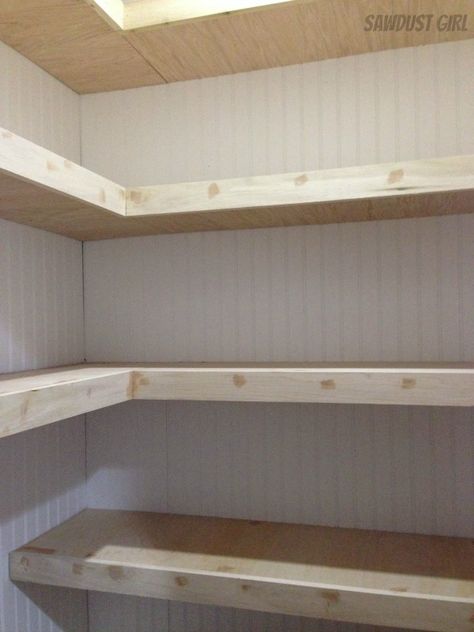 How to Build Corner Floating Shelves - Sawdust Girl® Shelves For Pantry, Make Floating Shelves, How To Make Floating Shelves, Sawdust Girl, Farmhouse Pantry, Floating Shelves Kitchen, Pantry Remodel, Floating Shelves Bathroom, Pantry Makeover