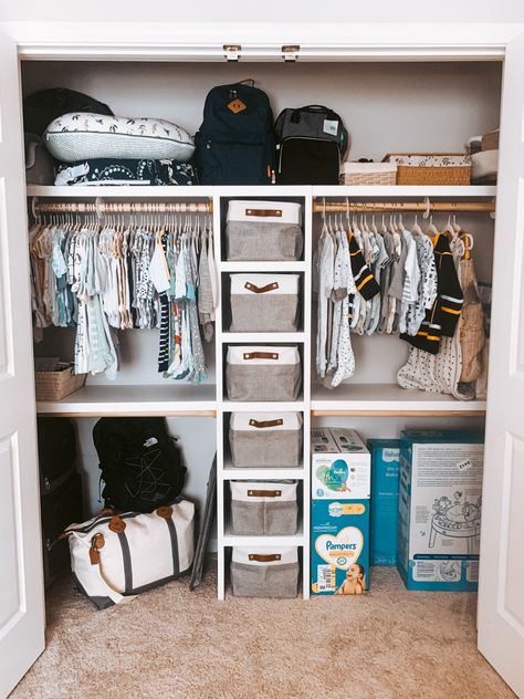 Nursery Closet Makeover Diy, Nursery Clothing Storage, Open Nursery Closet Ideas, Nursery Closet Built In, Closet Organization For Nursery, Storage Ideas For Small Nursery, Closet Storage Nursery, Closet Organization Ideas Nursery, Nursery Closet Ideas Diy